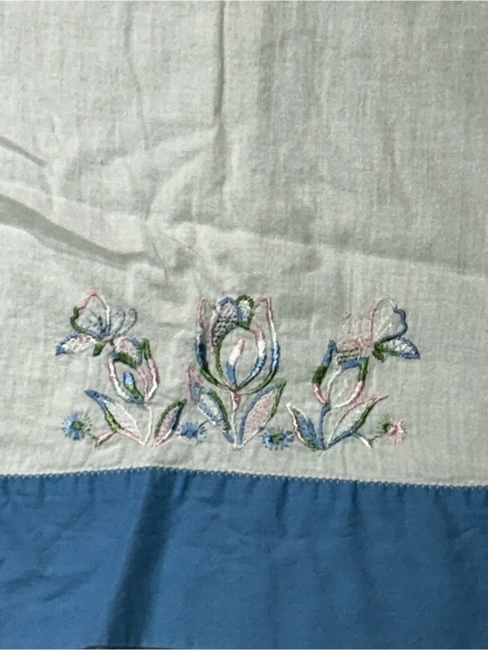 White & Blue Embroidered Pillowcase Pair - Floral Detail